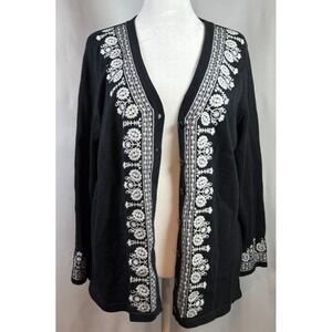 Cynthia Rowley Woman Cardigan Sz 1X Black White Embroidery 100% Cotton Versatile